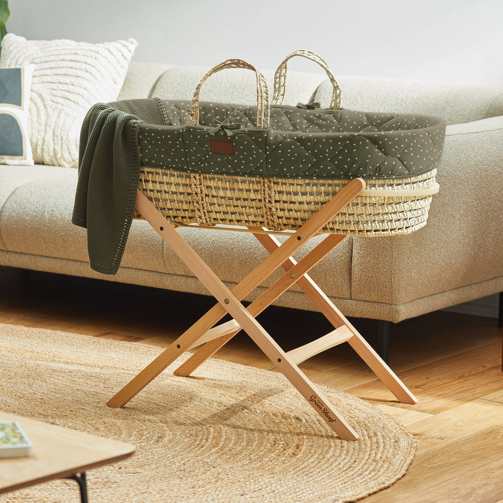 The Little Green Sheep Quilted Moses Basket & Mattress - Juniper Rice