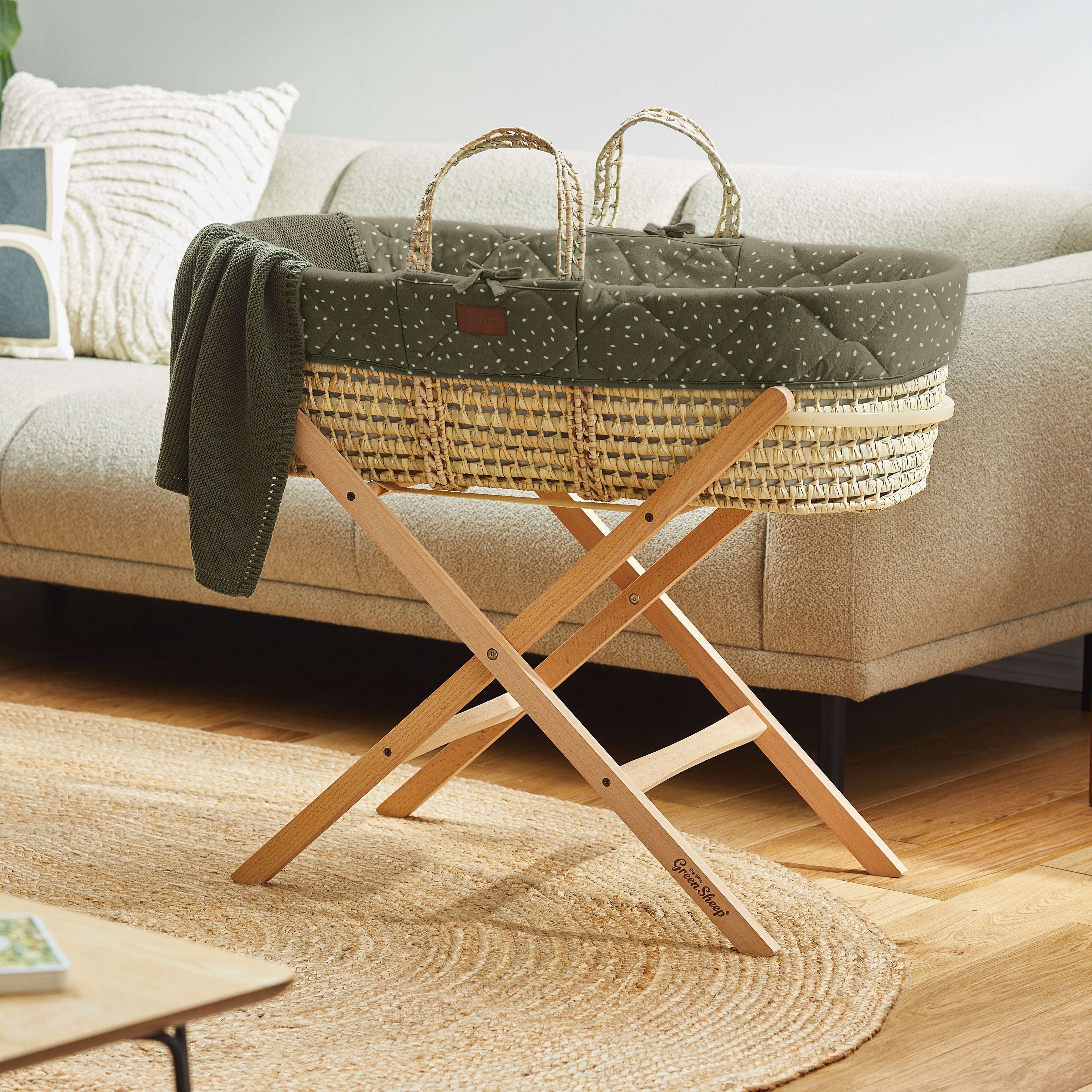 The Little Green Sheep Quilted Moses Basket & Mattress - Juniper Rice