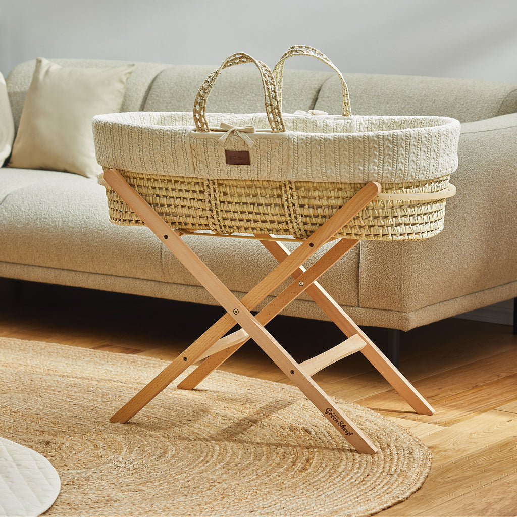 The Little Green Sheep Knitted Moses Basket & Mattress - Linen
