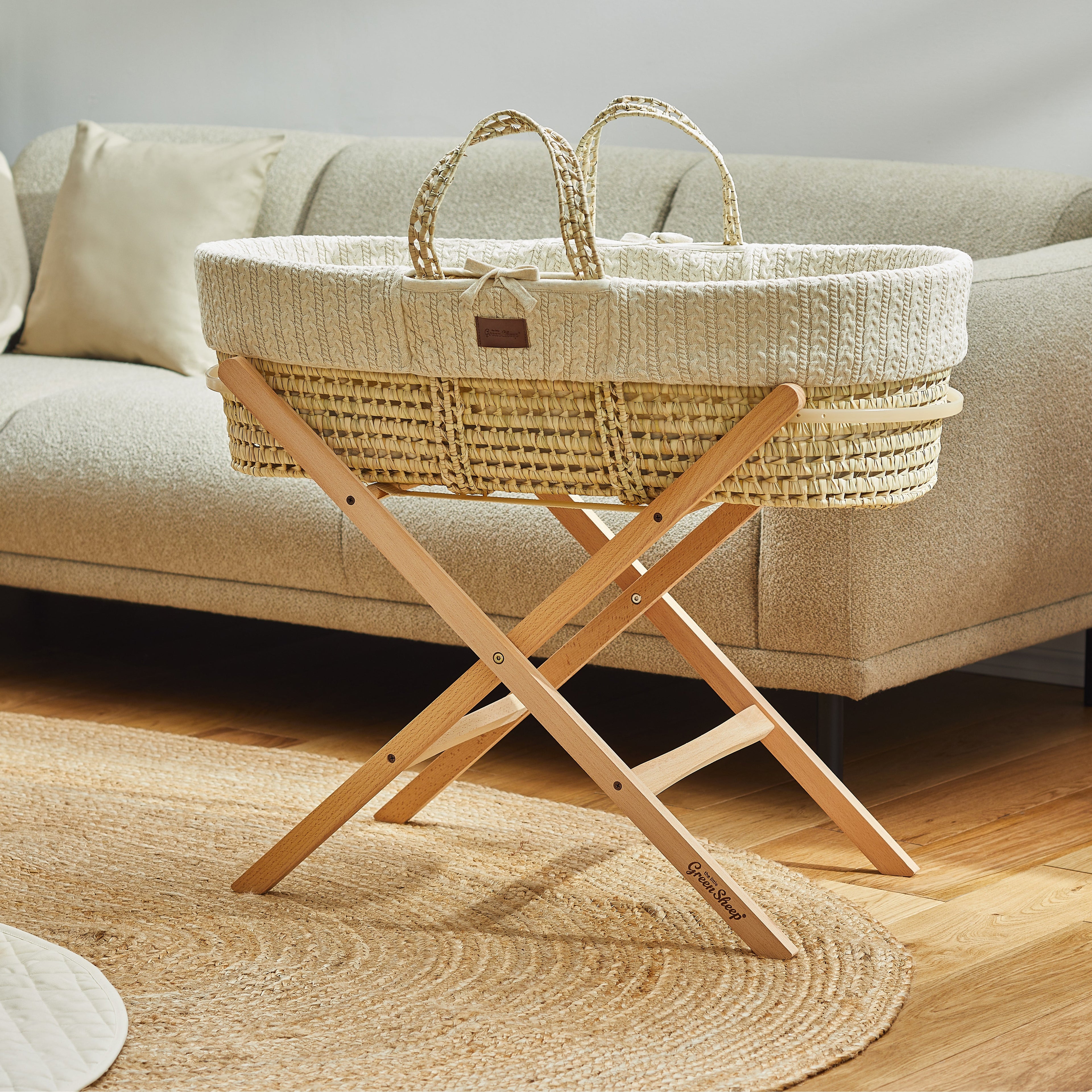 The Little Green Sheep Knitted Moses Basket & Mattress - Linen