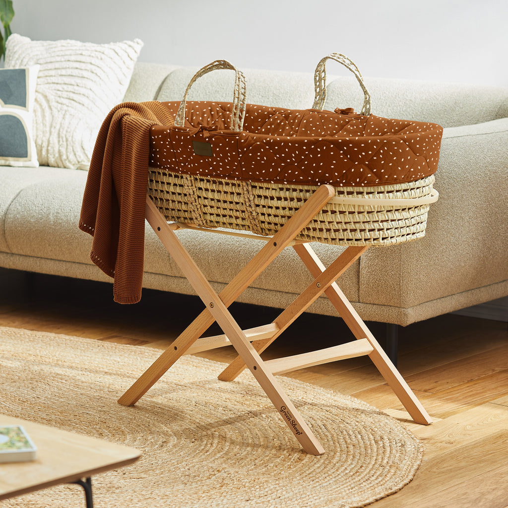 The Little Green Sheep Quilted Moses Basket & Stand - Terracotta Rice
