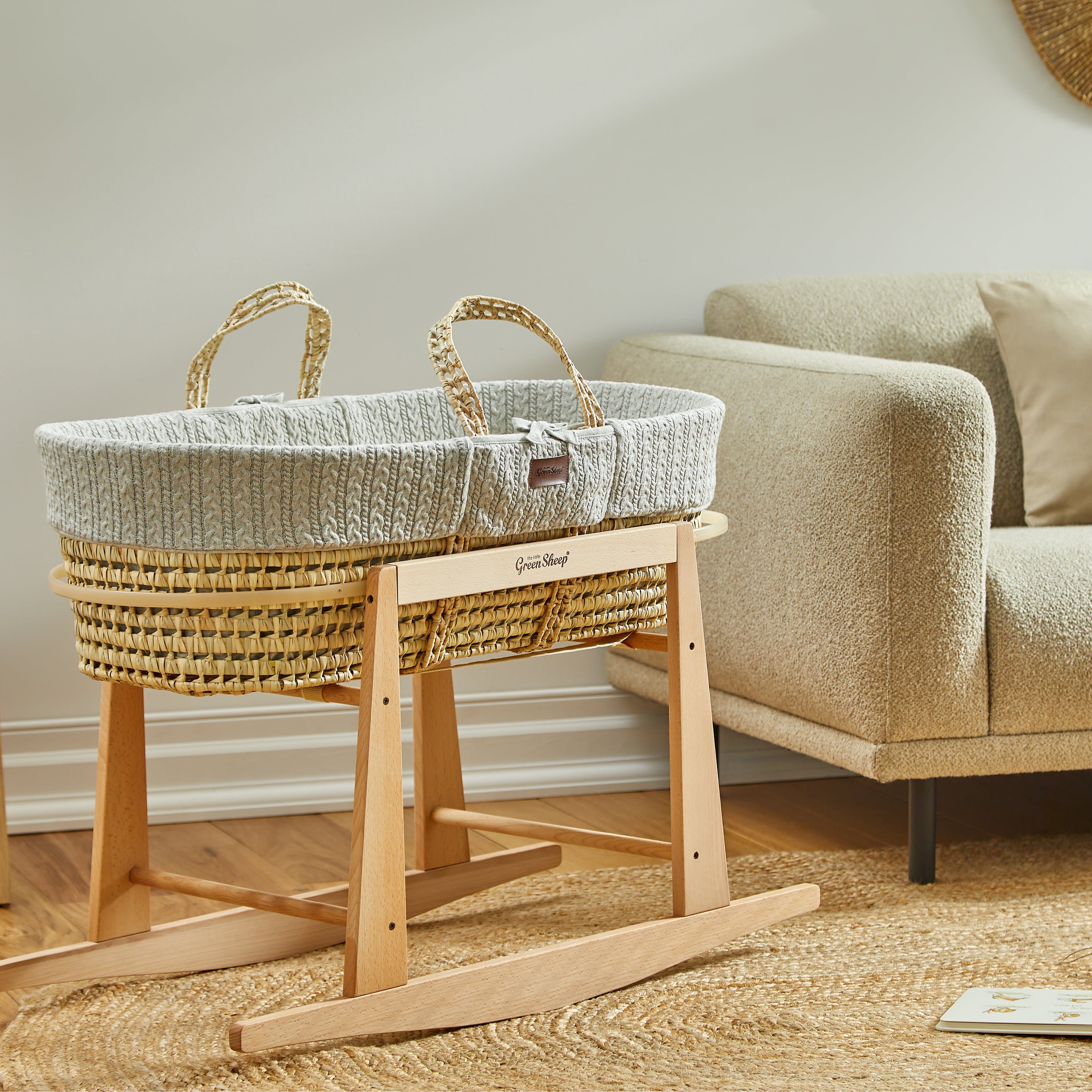 The Little Green Sheep Knitted Moses Basket & Mattress - Dove