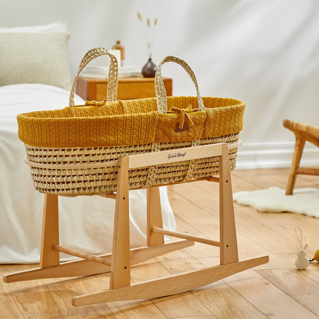 The Little Green Sheep Knitted Moses Basket & Mattress - Honey