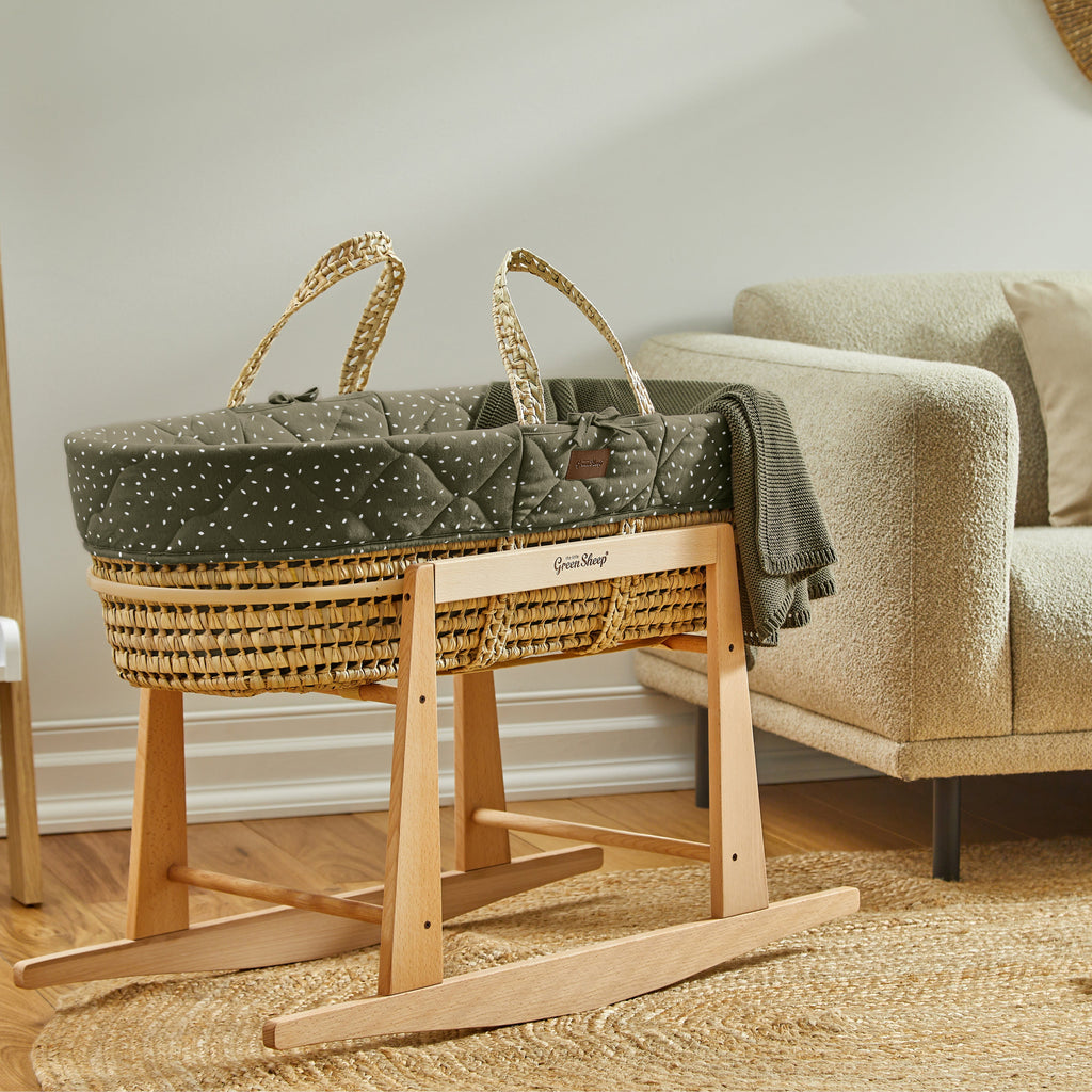 The Little Green Sheep Quilted Moses Basket & Mattress - Juniper Rice