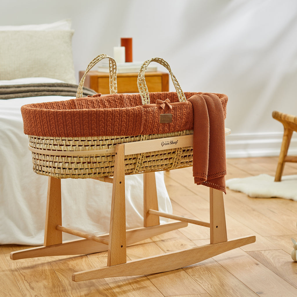 The Little Green Sheep Knitted Moses Basket & Mattress - Terracotta