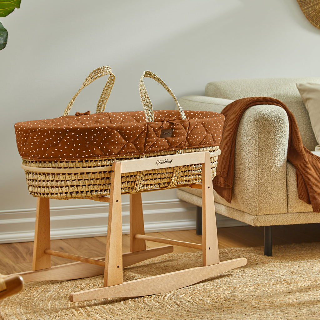 The Little Green Sheep Quilted Moses Basket & Mattress - Terracotta Rice
