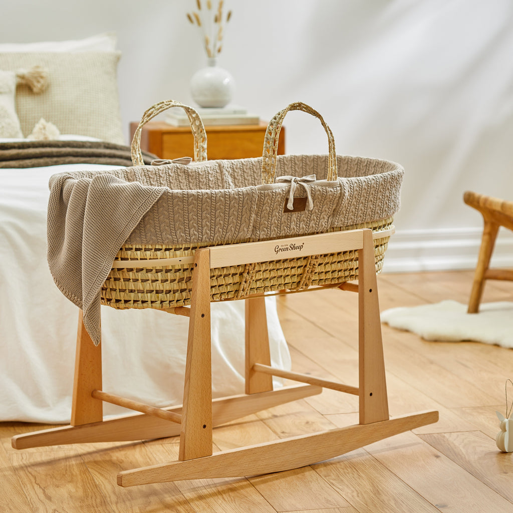 The Little Green Sheep Knitted Moses Basket & Mattress - Truffle