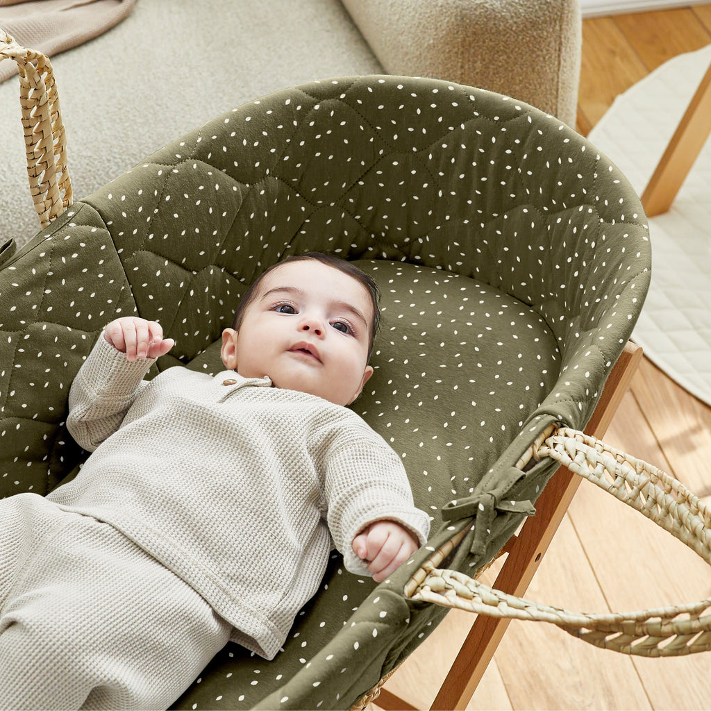 The Little Green Sheep Quilted Moses Basket & Mattress - Juniper Rice