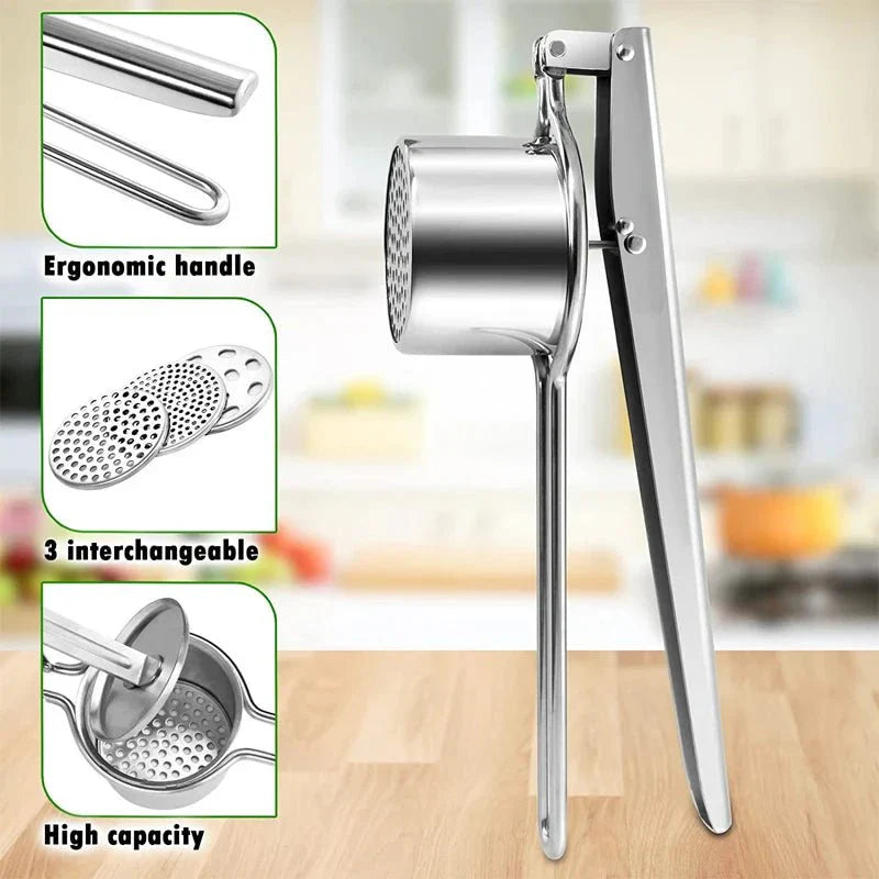 SQUEEZO – Stainless Steel Potato Press with 3 Discs for Perfect Purees & Juices