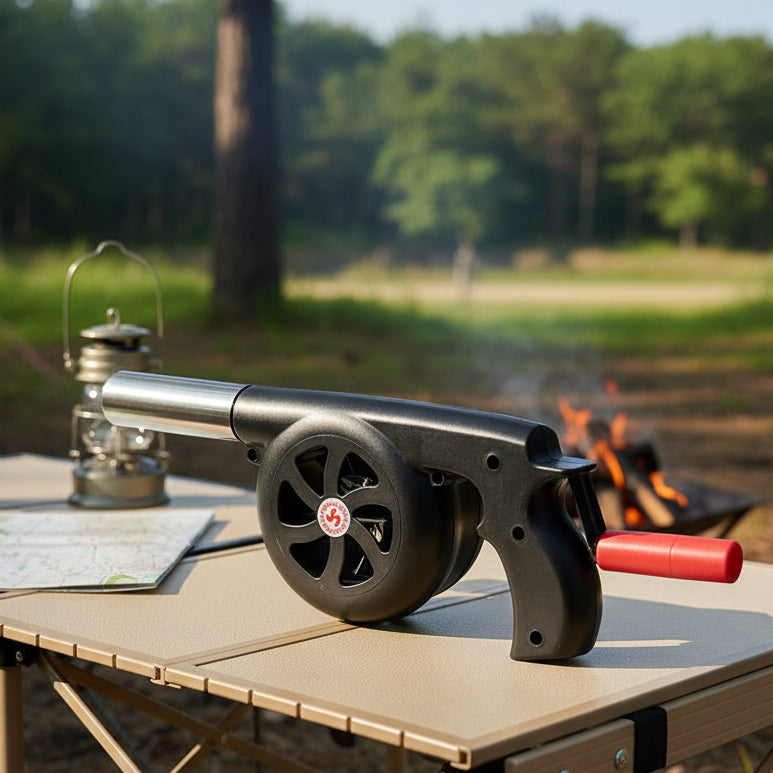 BBQWind Fan - Portable hand crank barbecue fan for easy outdoor firing up