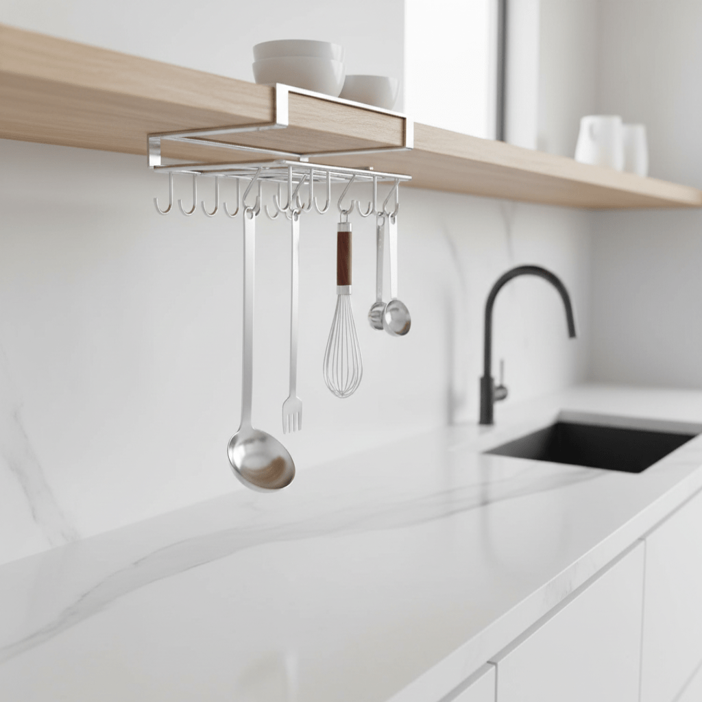STEELSHELF – Stainless steel kitchen wall shelf with hooks for more order