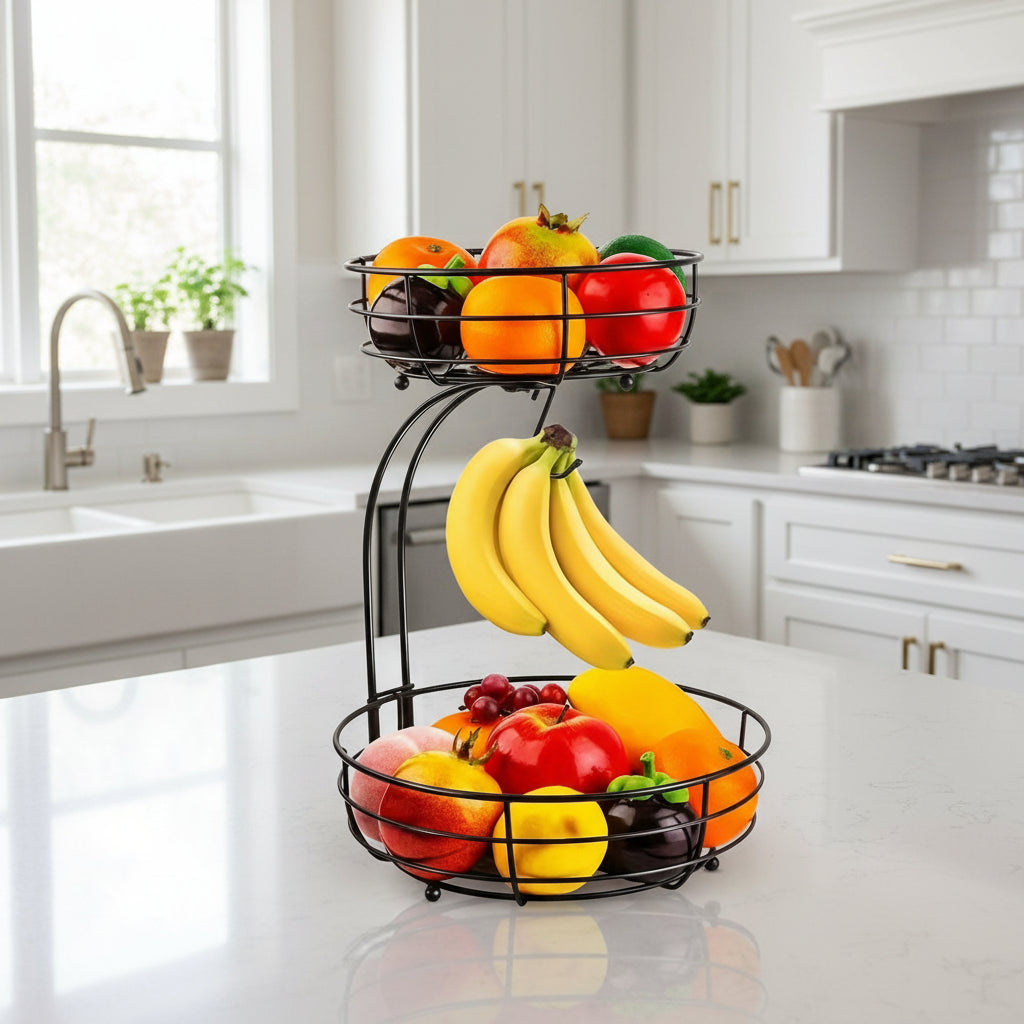 FRUCTARA – 2-Tier Fruit Basket with Banana Holder for Stylish Kitchen Organization