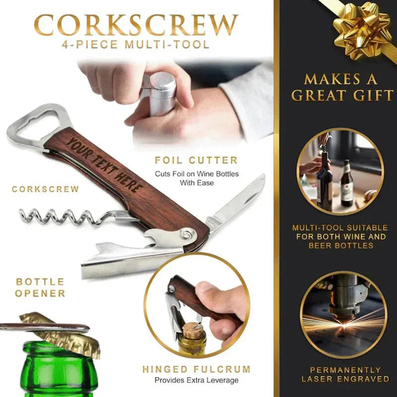 CASKWOOD – Personalized 3-in-1 Bottle Opener made of Wood & Stainless Steel for Wine & Beer