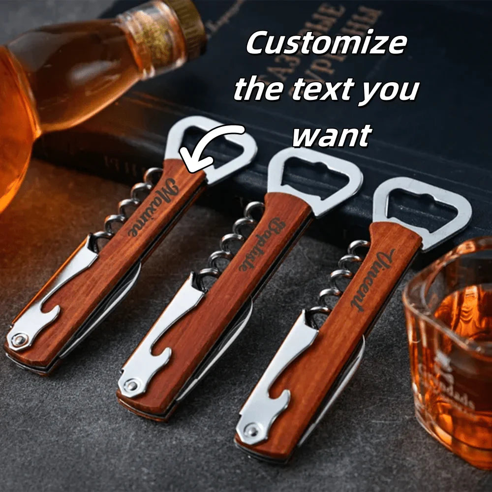 CASKWOOD – Personalized 3-in-1 Bottle Opener made of Wood & Stainless Steel for Wine & Beer