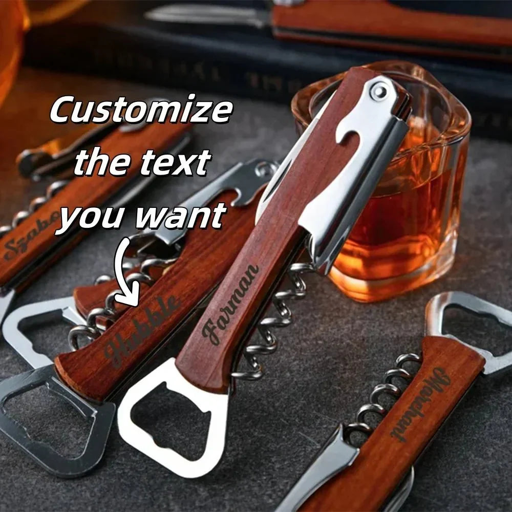 CASKWOOD – Personalized 3-in-1 Bottle Opener made of Wood & Stainless Steel for Wine & Beer