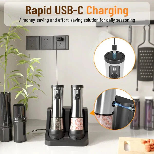 POWERMAHL – Rechargeable Electric Salt and Pepper Grinder Set with Adjustable Grind Settings