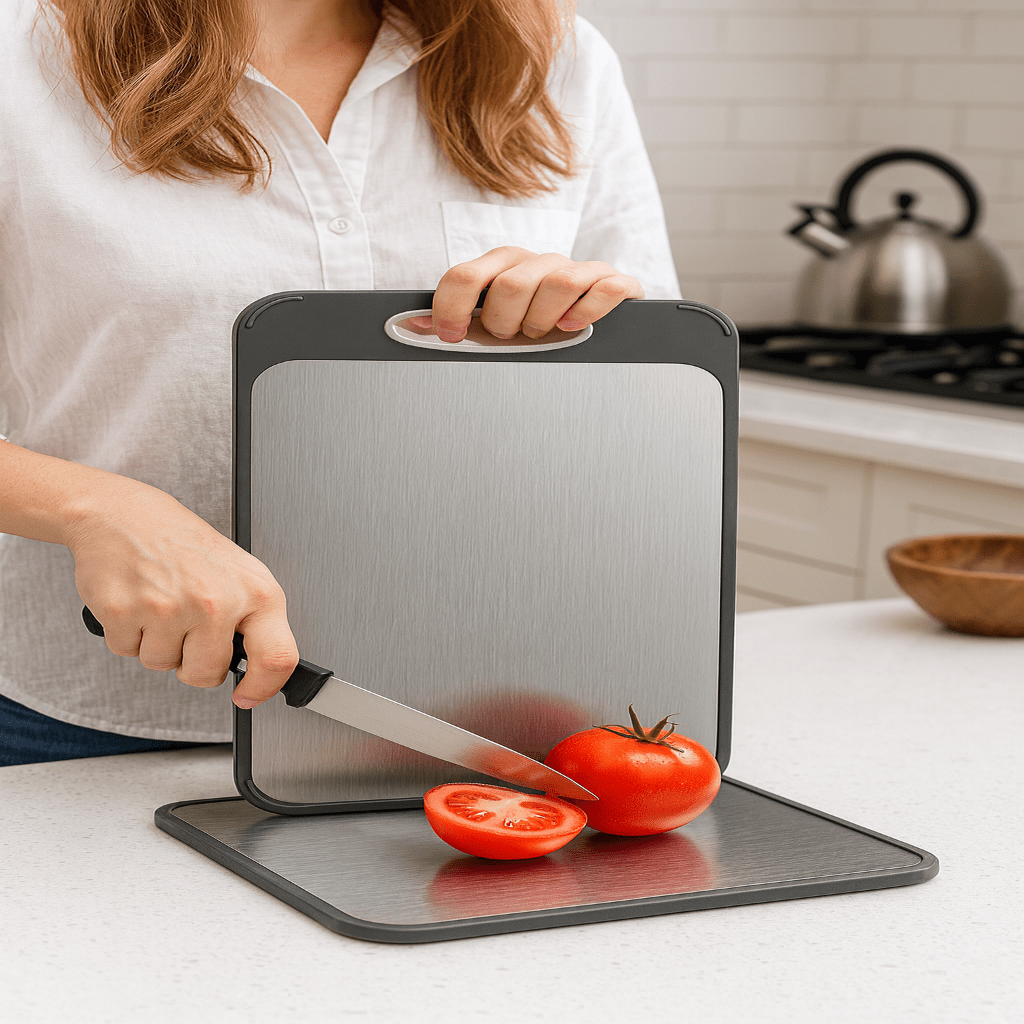 IRON BASE – Double-sided cutting board made of stainless steel for hygienic work