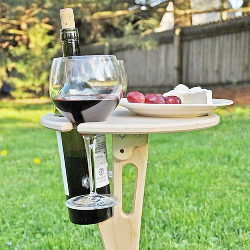 WOODESCAPE – Portable Foldable Wooden Wine Table for Outdoors with Glass Holder for Picnics & Camping