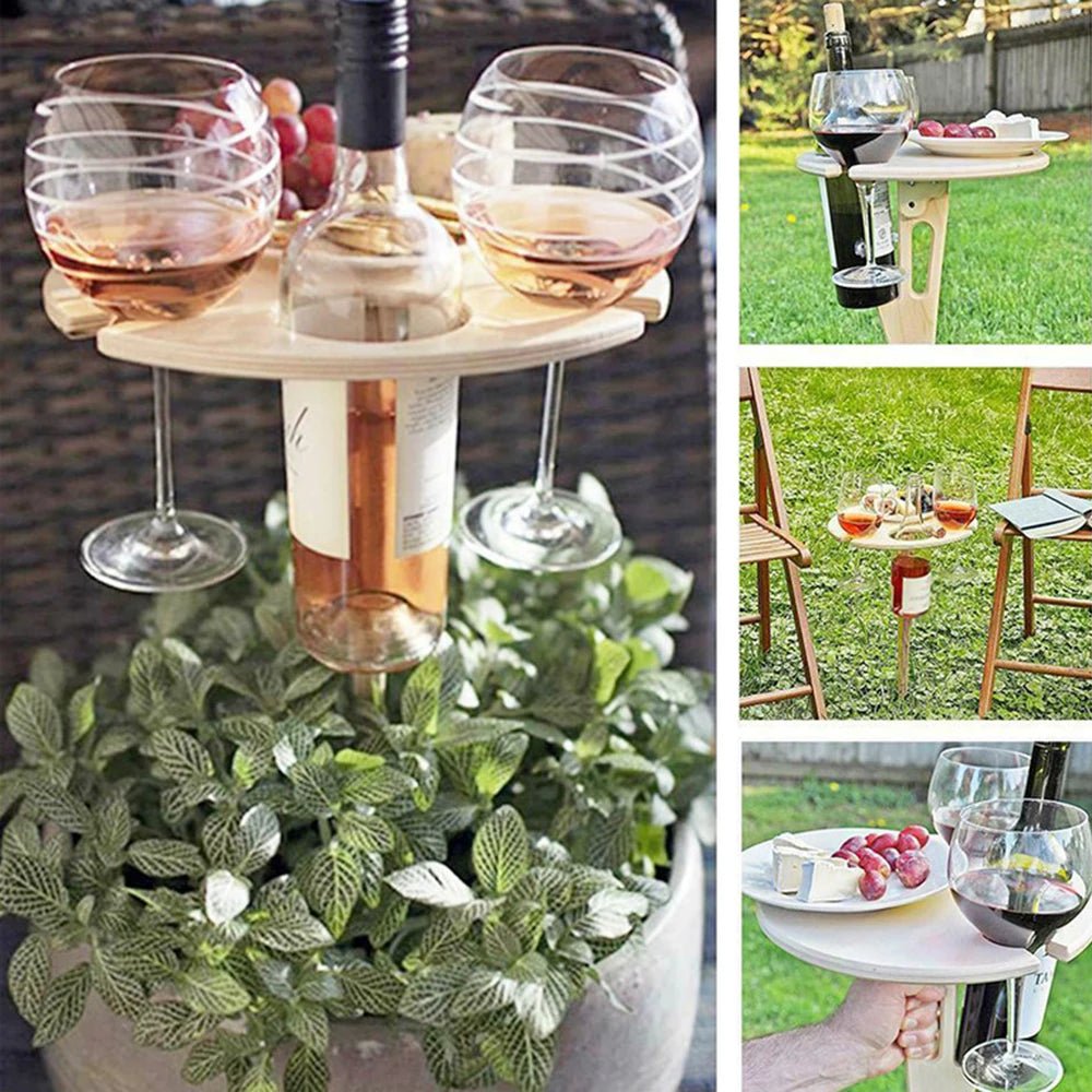 WOODESCAPE – Portable Foldable Wooden Wine Table for Outdoors with Glass Holder for Picnics & Camping