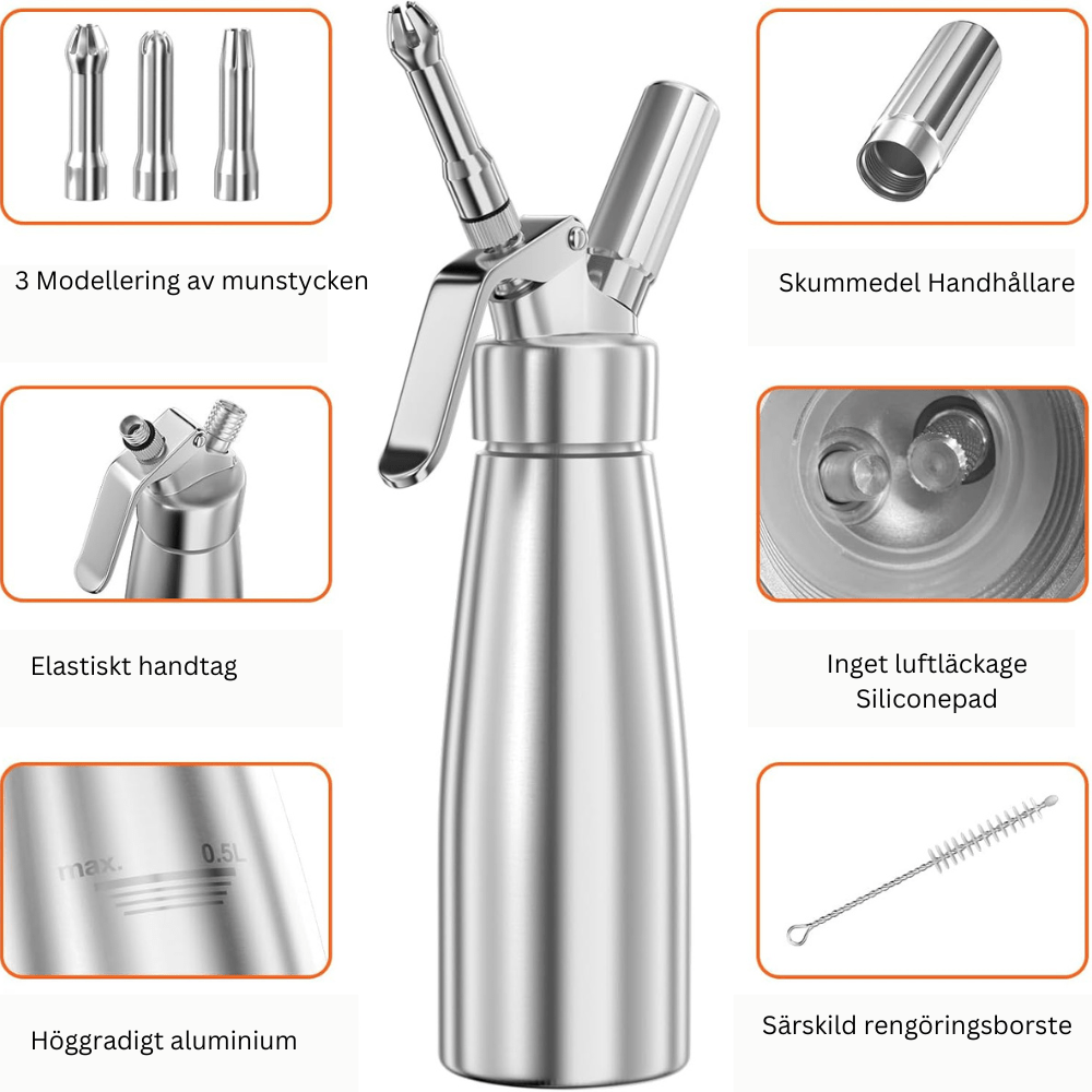 MOUSSTRIQ – 500 ml aluminum cream dispenser with 3 decorative nozzles